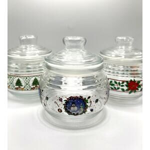 Christmas Design Lidded Jars 70s/80s KIG Trio Candy Nut Glass Holiday Canisters